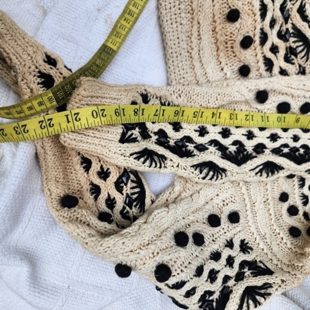 Vintage Cotton Ramie Popcorn Cable Knit Sweater Black Cream M/L - Picture 8 of 16